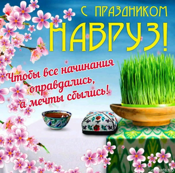 Gemeinsame Online Nawruz-Feier der DUsG Bonn und der Usbekisch-Deutschen Freundschaftsgesellschaft Taschkent Bunte Navruz-Grußkarte mit russischem Text, Frühlingsblüten, Schale, besticktem Kissen und grünen Sprösslingen als Haftpflichtgutachtungsdekoration